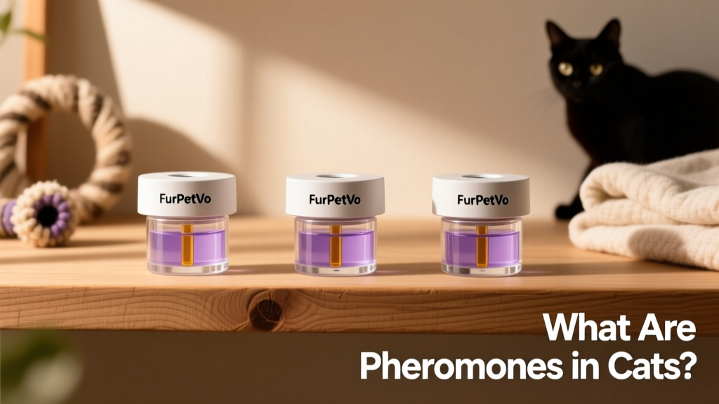 Three FurPetVo diffuser units displayed side-by-side on a clean wooden shelf with product labels visible