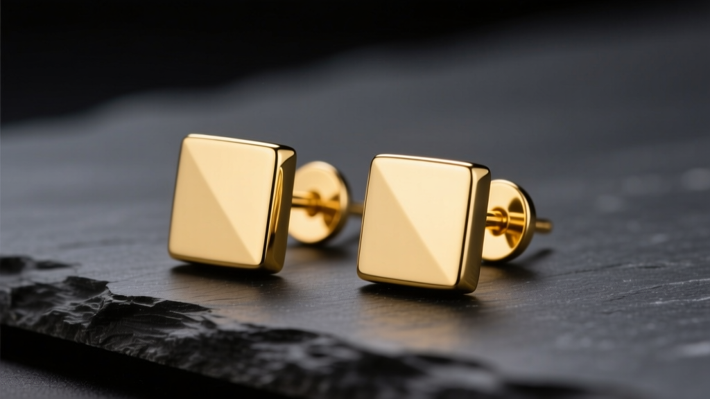 Close-up of minimalist 24k solid gold stud earrings on dark slate, highlighting the rich yellow hue and soft metallic luster under studio lighting.