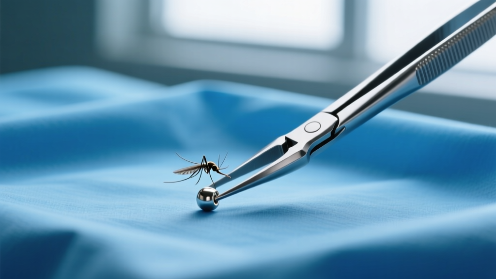 Sterile stainless steel mosquito hemostats gripping a small titanium earring post on a clean blue medical drape, macro photography
