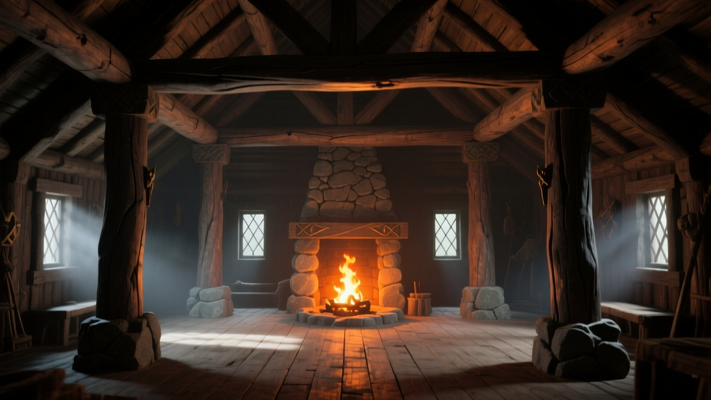 Viking longhouse interior showing dark wood beams, stone pillars, and a glowing central hearth in the survival game Valheim