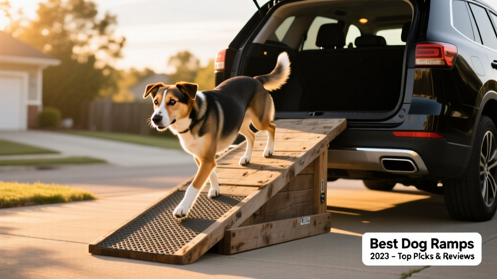 A medium-sized dog confidently walking up a sturdy, textured dog ramp into the open rear hatch of an SUV