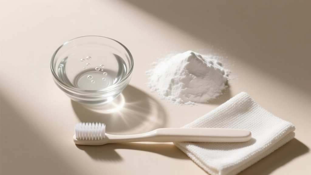 Overhead view of rust removal supplies: a small glass bowl of white vinegar, baking soda, a soft toothbrush, and a microfiber cloth