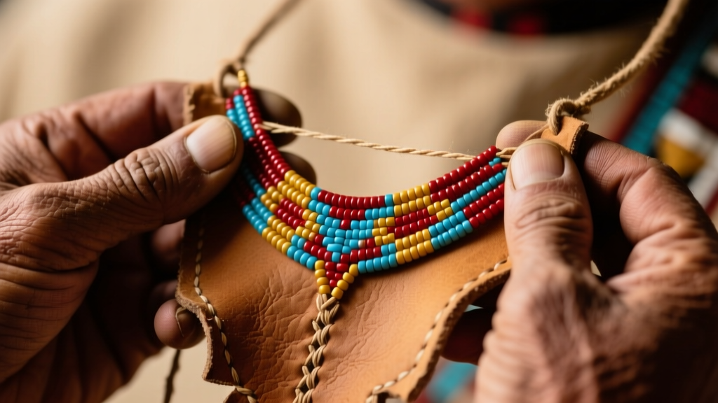 Hands examining the buckskin backing of a lazy stitch Native beaded necklace under warm lighting to verify its artisan authenticity