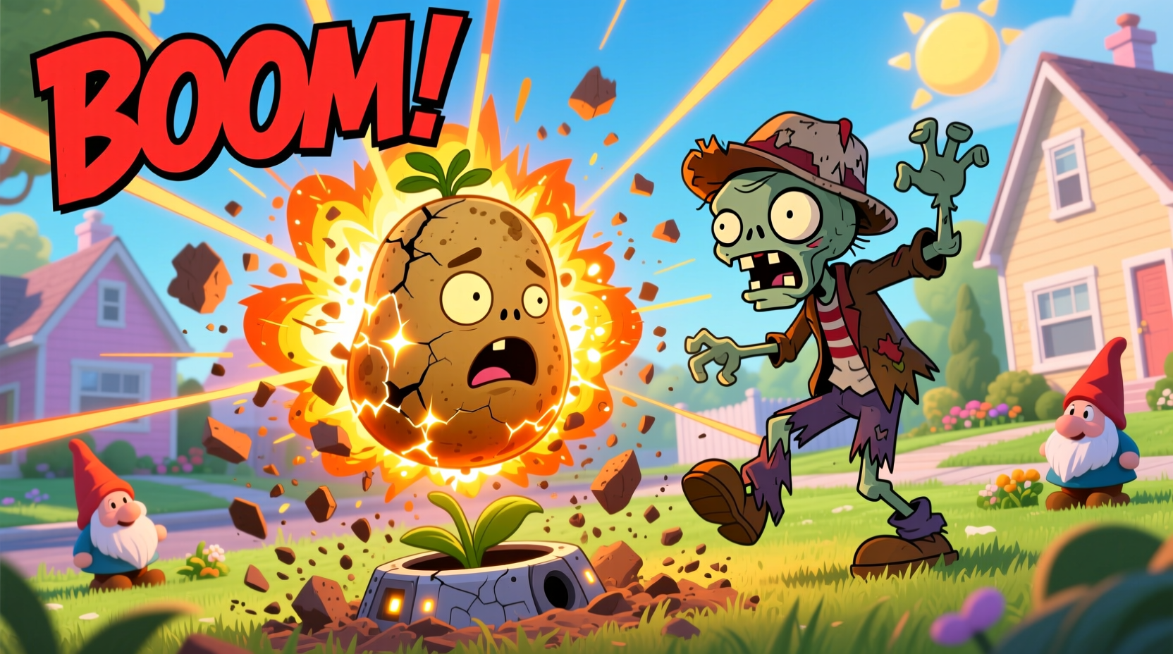 Potato Mine exploding on zombie in Plants vs Zombies