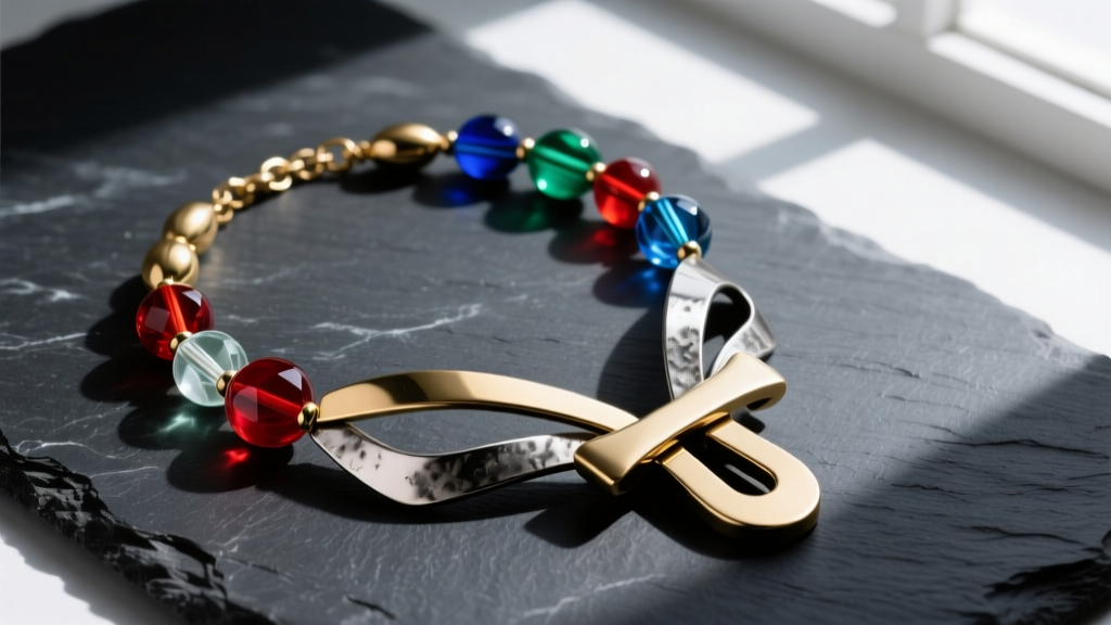 Flat lay of an asymmetrical funky necklace with mixed metals, resin beads, and an oversized toggle clasp on a dark slate background