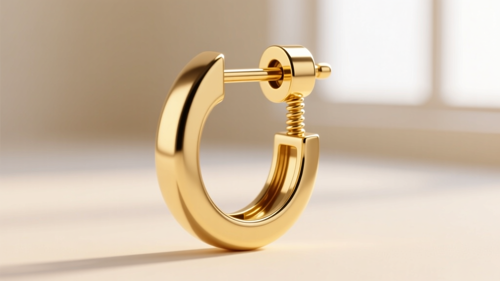 Macro shot of 14k yellow gold dormeuse earring leverback mechanism showing smooth edges against a soft blurred cream background.