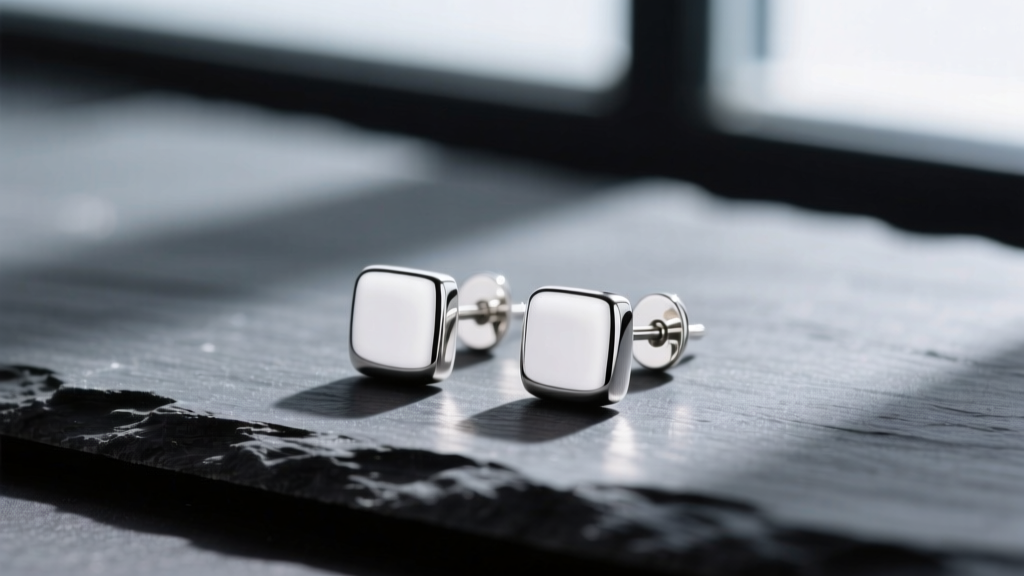 Macro shot of simple silver stud earrings on dark slate, highlighting the bright white luster of polished Argentium silver metal