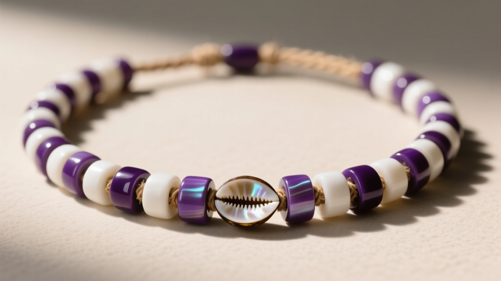 Close-up of a traditional wampum necklace featuring cylindrical purple and white quahog shell beads strung on natural sinew cord.