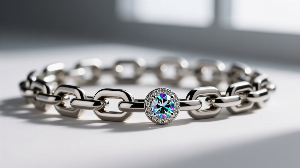 Close-up of an 18-gauge titanium box chain connected to a bezel-set gemstone, showing flat interlocking links to prevent tangling