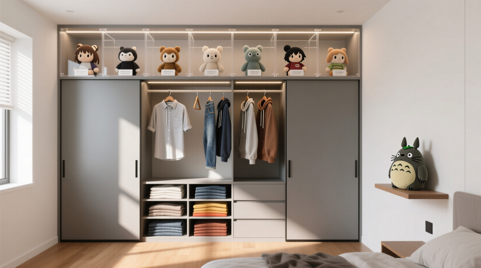 minimalist closet organization with anime plush
