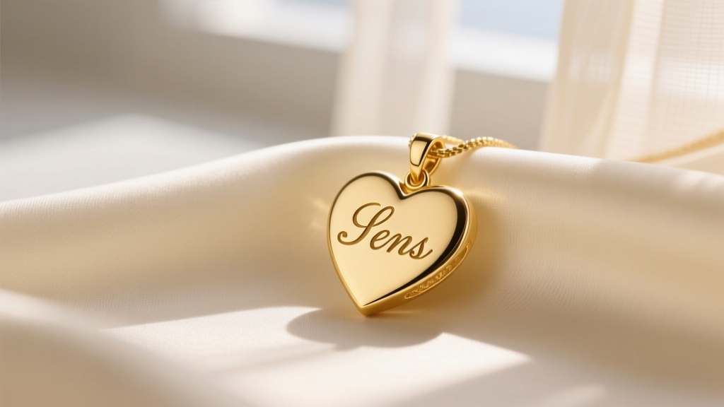 14k yellow gold heart pendant on cream silk, featuring delicate laser-engraved cursive initials, softly lit by natural window light