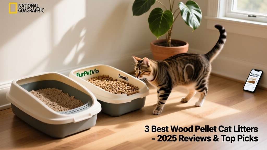 Two litter boxes side by side—one with traditional clay litter, one with FurPetVo wood pellets—showing a cat investigating the new option