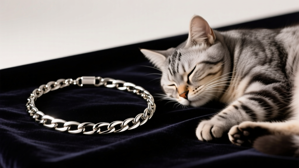 Titanium box chain necklace resting on dark velvet next to a sleeping grey tabby cat under soft, warm, diffused studio lighting.