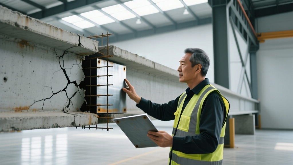 Structural engineer inspecting a cracked concrete support beam while holding steel reinforcement plates to evaluate repair weight loads