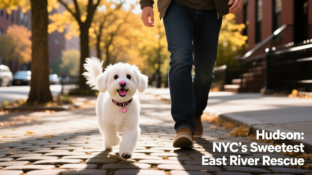 Hudson happily walking beside her human on a tree-lined neighborhood street, tail gently wagging