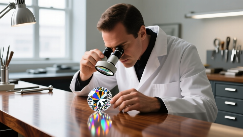 Master jeweler examining a brilliant round diamond with a 10x loupe at a polished mahogany workbench under bright daylight