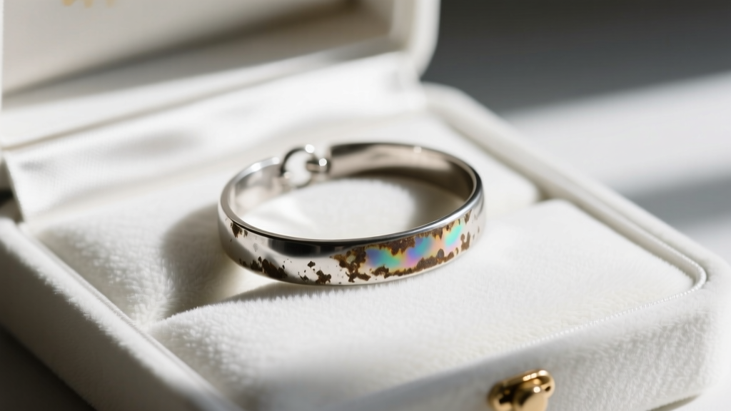 Close-up of white microfiber jewelry box lining next to a tarnished silver bracelet, highlighting material contact and oxidation.