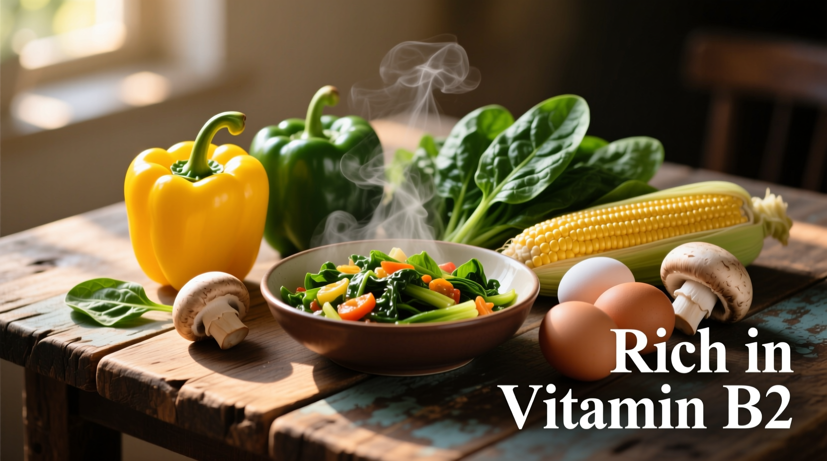 Colorful assortment of vitamin B2 rich foods on wooden table