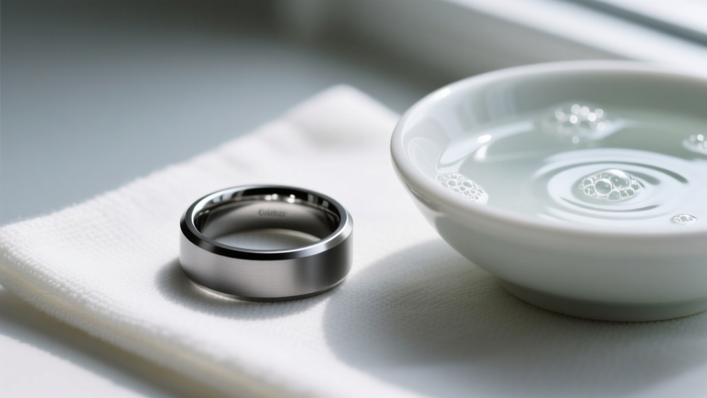 Close-up of a matte-finished Grade 5 titanium wedding band resting on a microfiber cloth next to a bowl of mild soapy water.