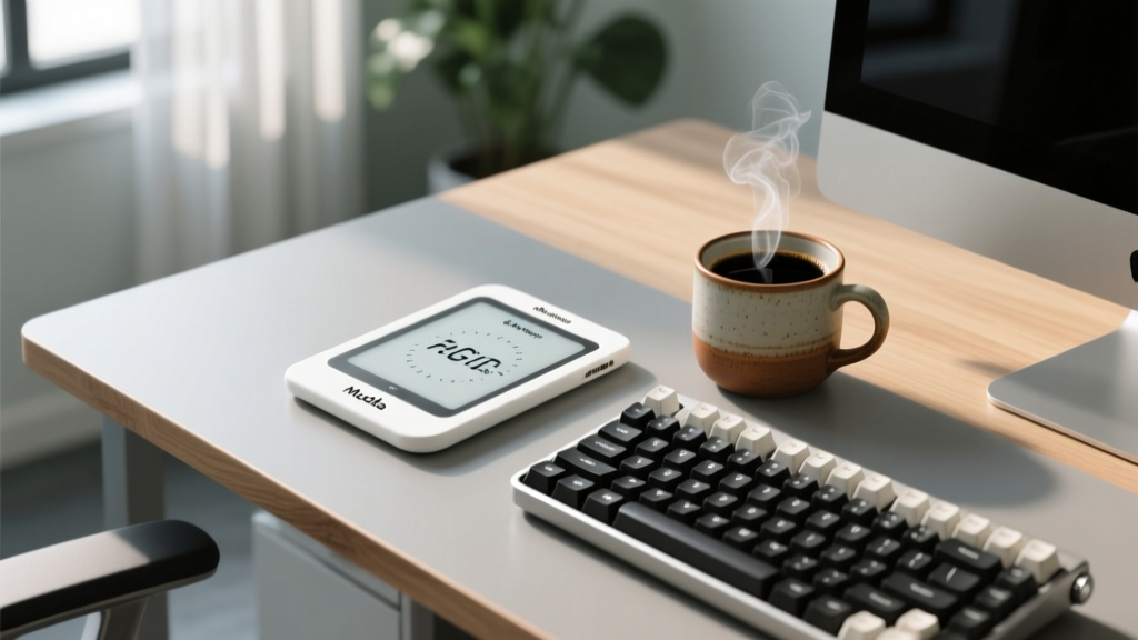 Minimalist desk top-down view showing Mudita Harmony e-ink focus timer beside a mechanical keyboard and black coffee in a ceramic mug
