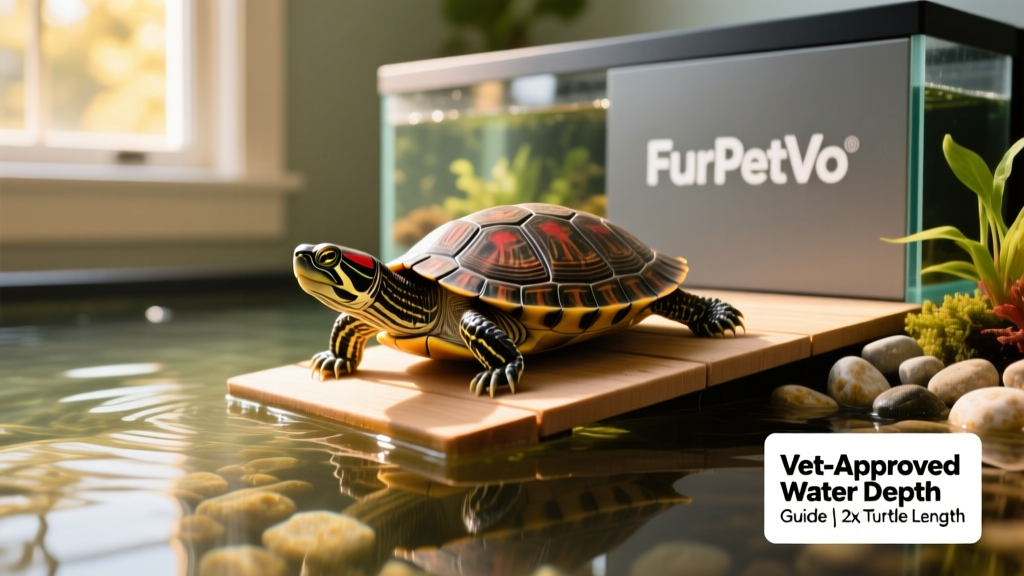 Turtle climbing onto a basking dock from clear, filtered water in a FurPetVo-branded tank setup