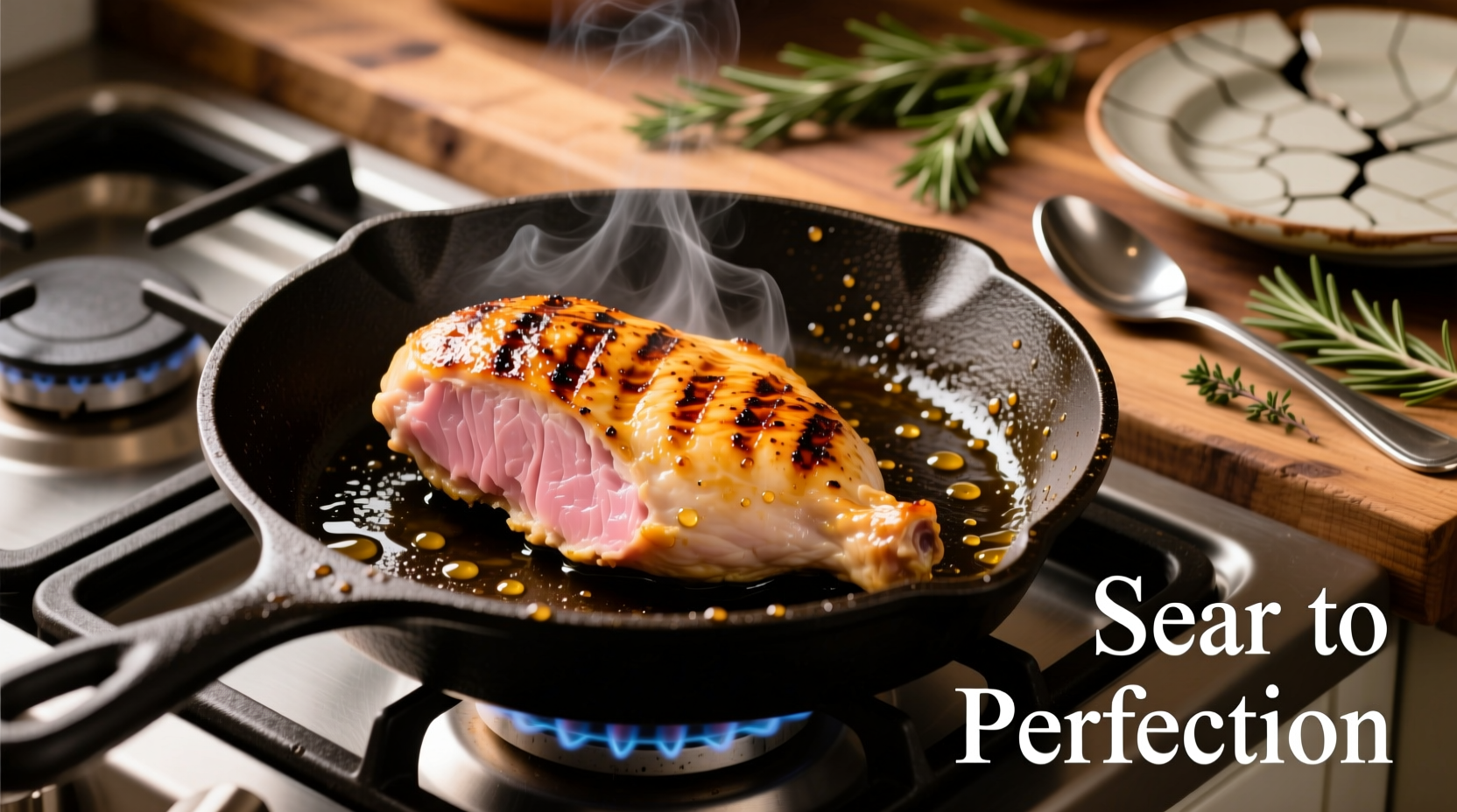 Perfectly seared chicken breast on stove