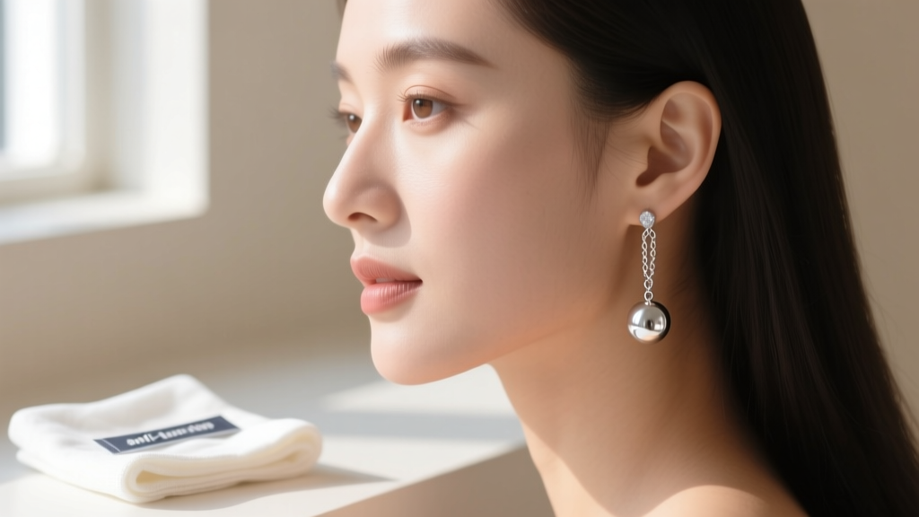 Woman wearing a delicate silver ball drop earring, with a polishing cloth and anti-tarnish strip in the blurred background.
