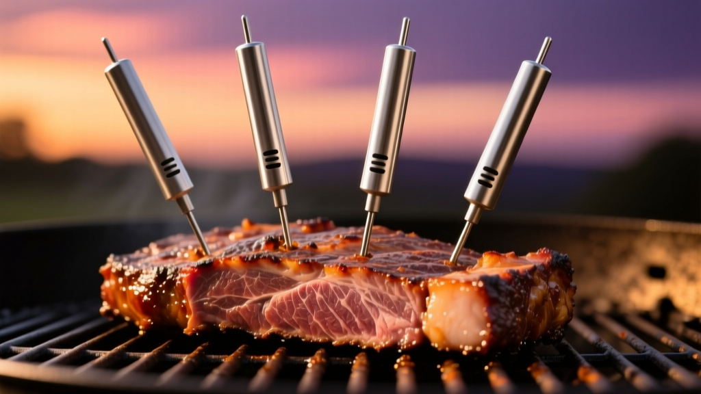 Close-up of four stainless steel wireless meat probes inserted into a thick beef brisket on a Traeger pellet grill grate at sunset