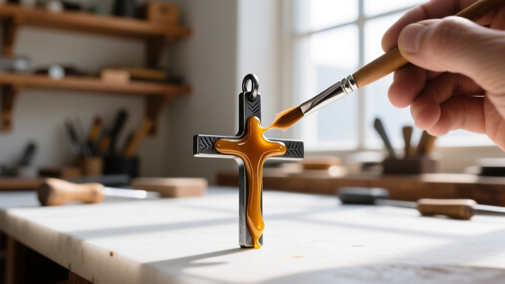 Macro shot of a jeweler applying microcrystalline wax to an iron nail cross pendant with a soft brush in a brightly lit workshop