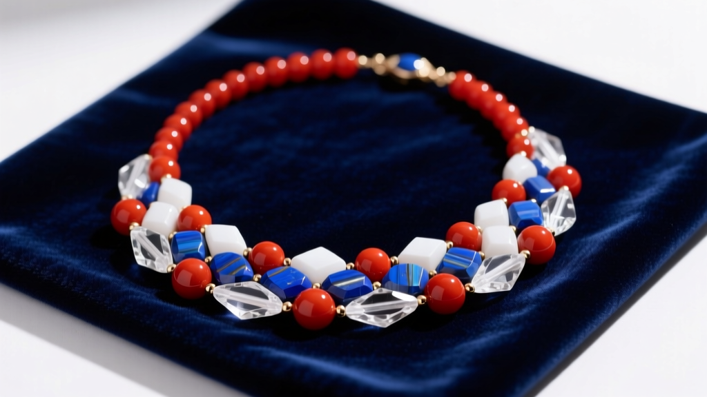 Flat lay of a red white and blue bead necklace made of polished lapis lazuli, carnelian, and quartz on a dark navy velvet cloth