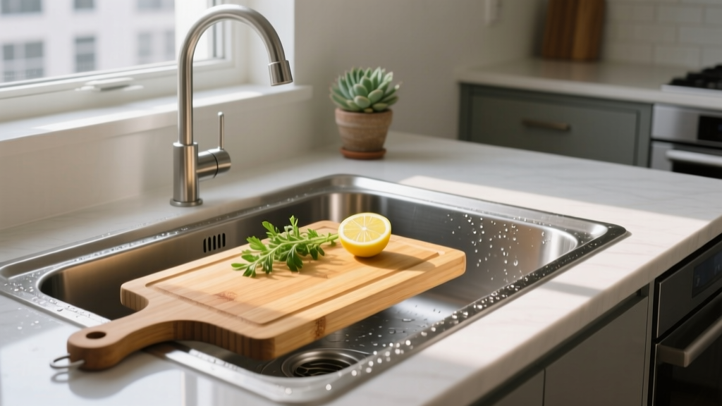 Compact over-the-sink bamboo cutting board extending across a stainless steel farmhouse sink in a tiny modern apartment kitchen