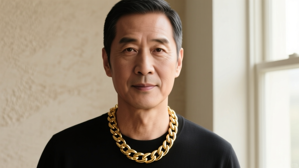 Front-facing portrait of a man wearing a 4mm 14k gold Cuban link 22 inch necklace resting just below his collarbone