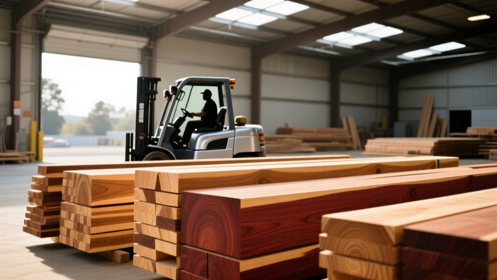 Stacks of graded Douglas Fir and Redwood lumber in a well-lit Oakland California building materials yard with a forklift in the background