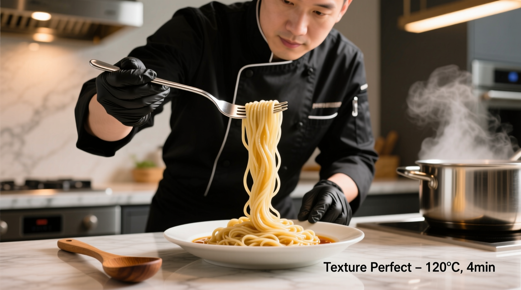 Professional chef testing noodle texture with fork