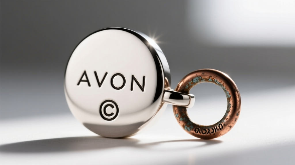 Close-up of an Avon pendant back showing the stamped AVON hallmark and copyright symbol next to a slightly tarnished metal bail loop.