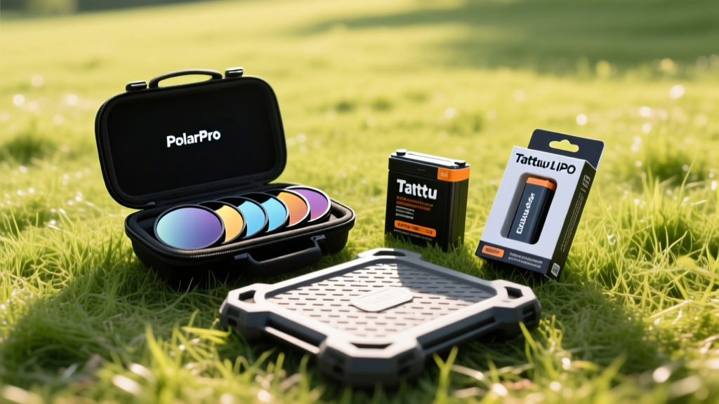 Flat lay of drone accessories including PolarPro ND filters, Tattu LiPo batteries, and a rugged landing pad on grass