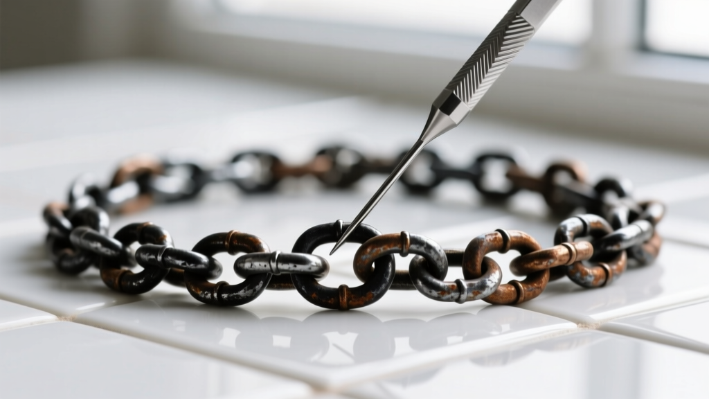 Steel needle untangling a thick oxidized multi-strand chain of a plunder design necklace on a flat white ceramic tile surface
