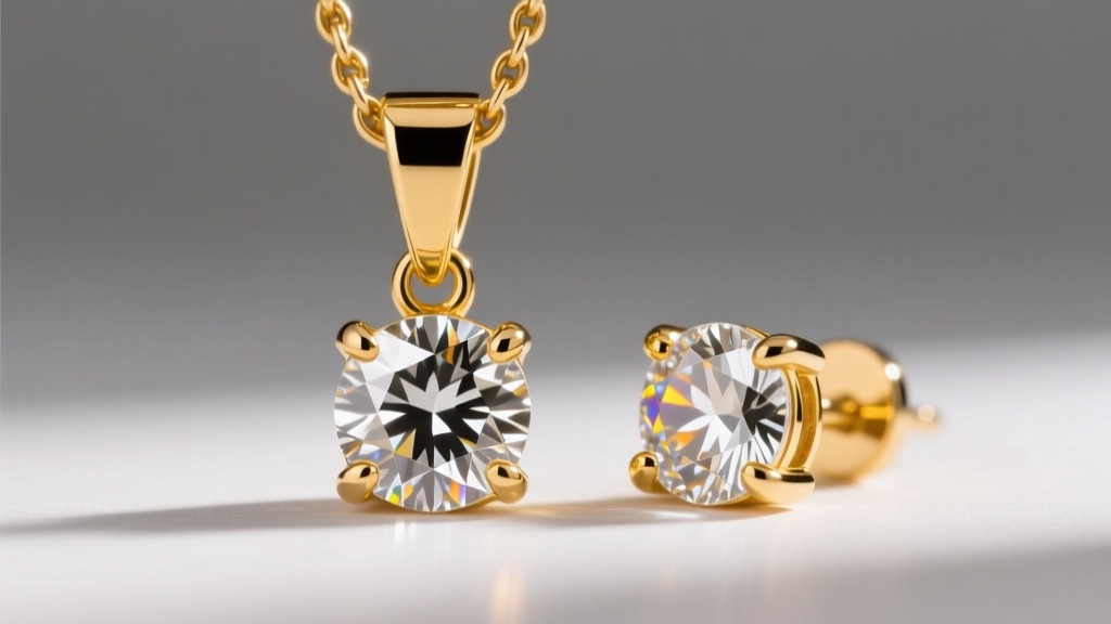 Macro shot of an 18k yellow gold pendant and stud earring, highlighting four-prong settings and brilliant-cut moissanite gemstones