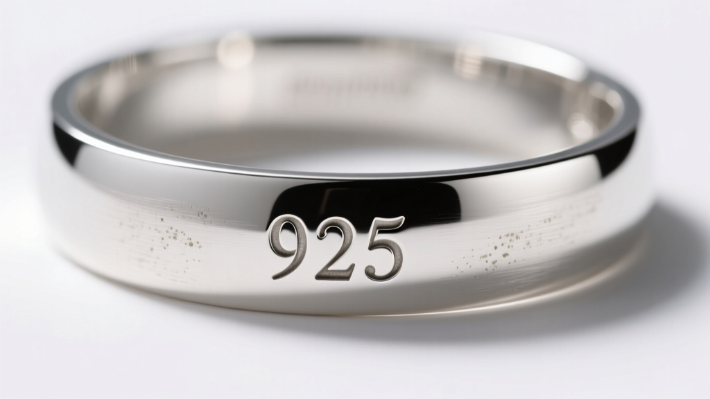 Macro shot of a 925 hallmark inside a polished sterling silver cuff bracelet, showing crisp metal engraving and a subtle patina.