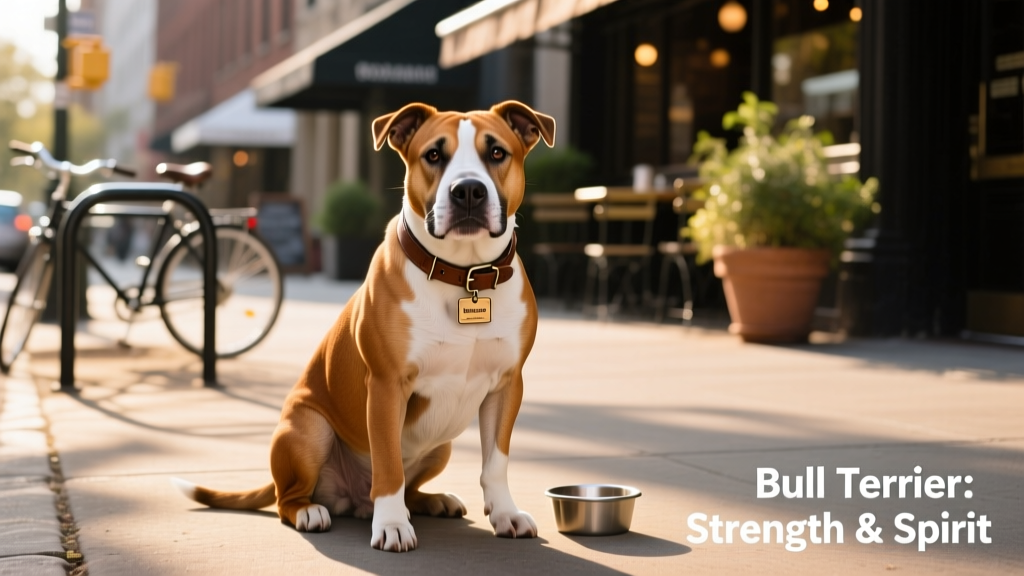 brown and white bull terrier sitting on sidewalk