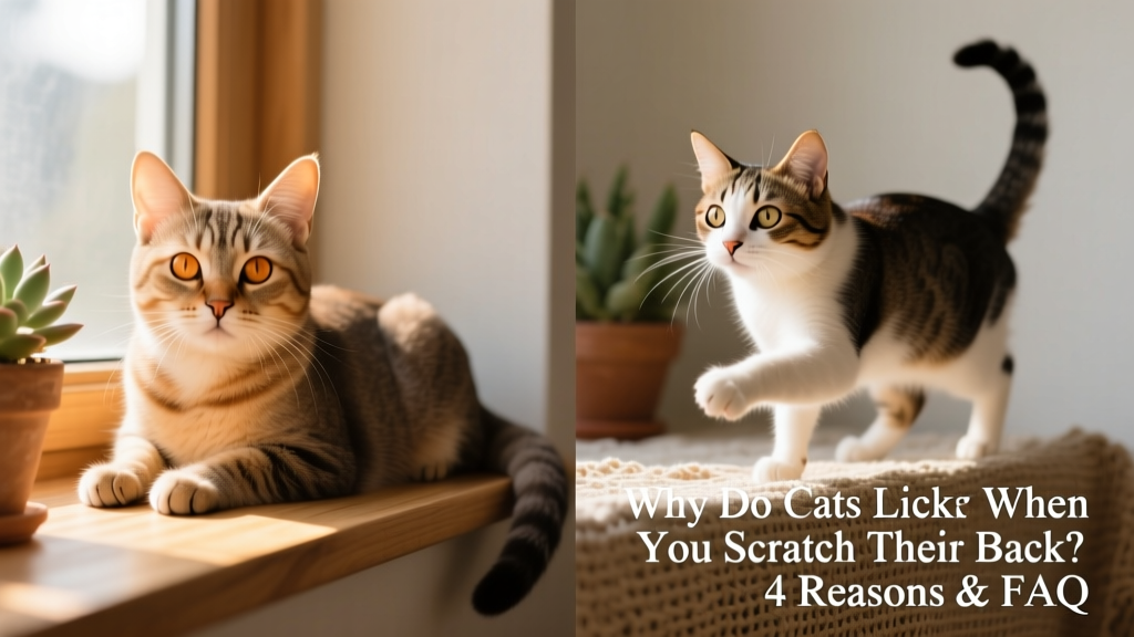 Side-by-side comparison showing a relaxed cat with upright ears and soft eyes versus an overstimulated cat with dilated pupils and a twitching tail