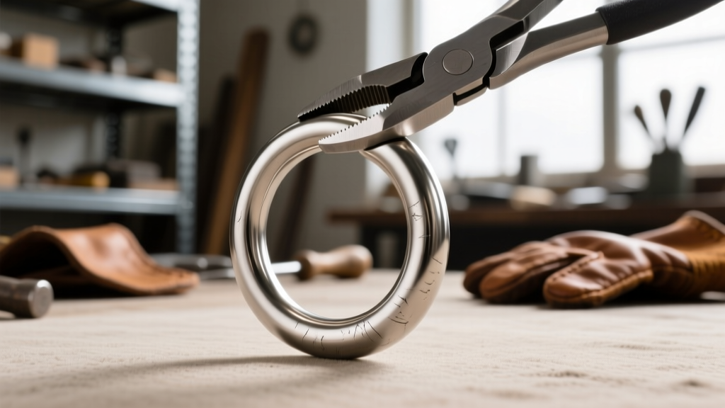 16-gauge titanium seamless hoop gently bent by jeweler pliers, showing tensile resistance against a blurred workshop background.