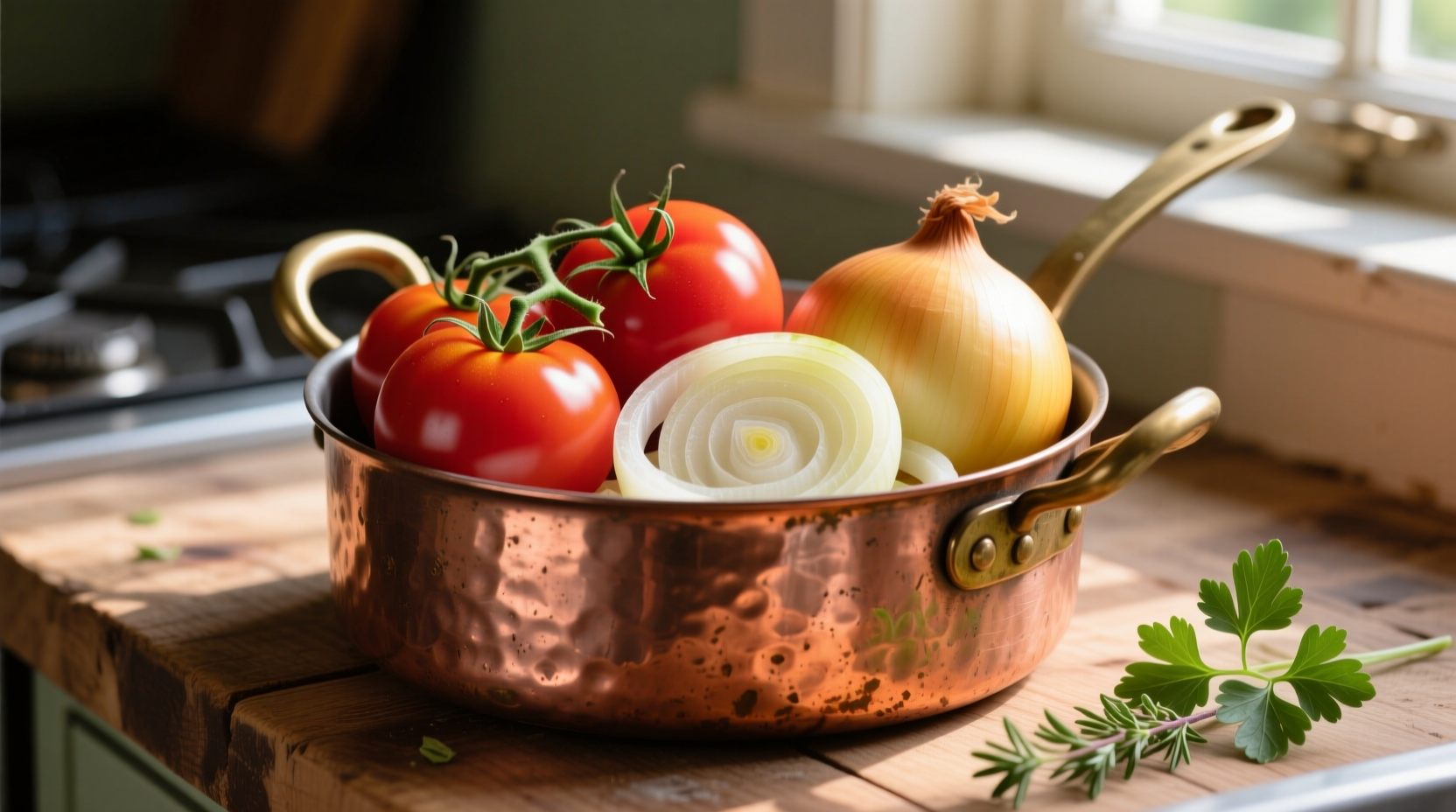 Fresh tomatoes and onions in copper cooking pot