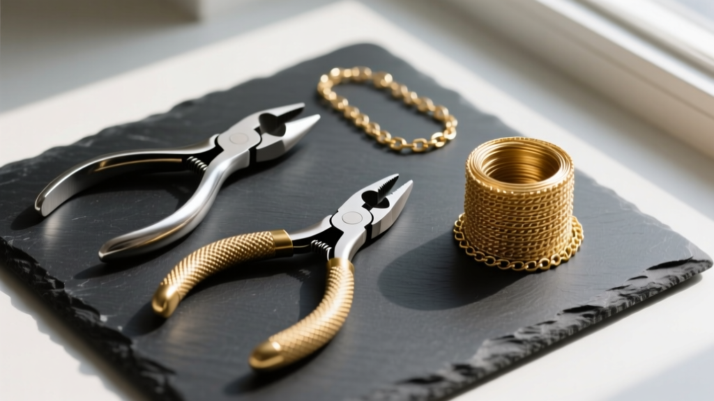 Flat lay of jewelry tools including flush cutters, chain nose pliers, and spools of 14k gold filled chain on a dark slate surface