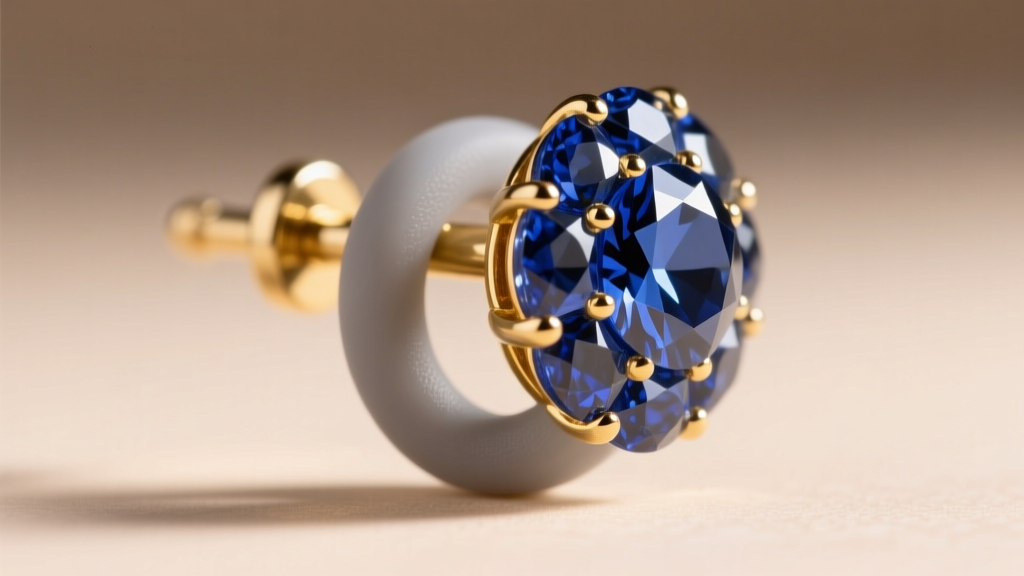 Close-up of a silicone O-ring back securing an 18-gauge white gold post on a heavy sapphire cluster earring to prevent drooping.