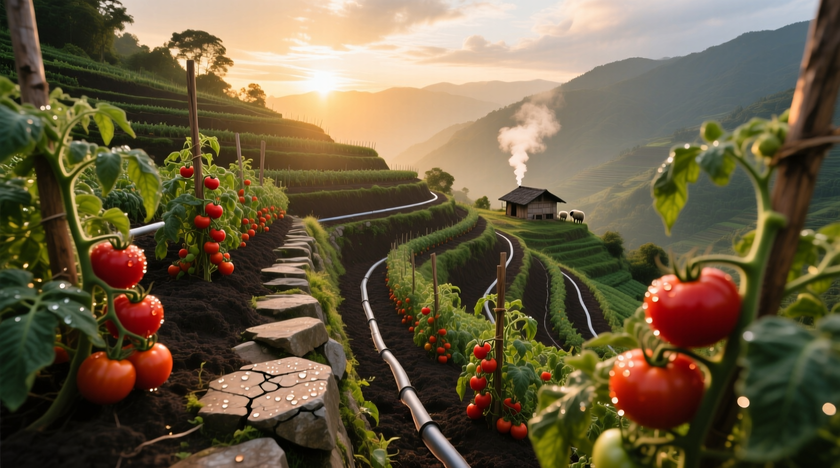 Tomato plants growing on mountain terraced farm