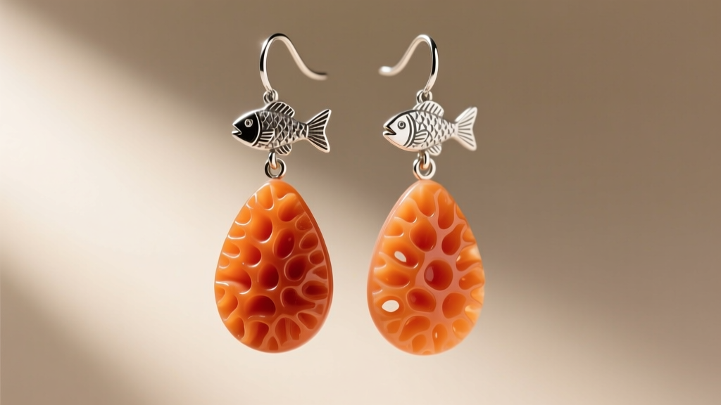 Elegant drop earrings featuring carved orange sponge coral teardrops suspended from textured recycled sterling silver fishhooks