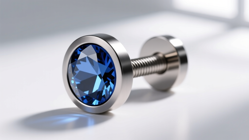 Close-up of a 20-gauge ASTM F136 titanium internally threaded labret stud with a sapphire, against a clean white background