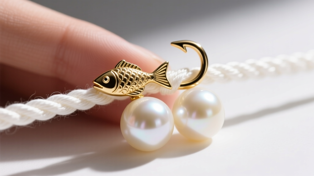 Macro photography of a 14kt white gold fishhook clasp securely attached to hand-knotted white silk thread between two cream pearls.