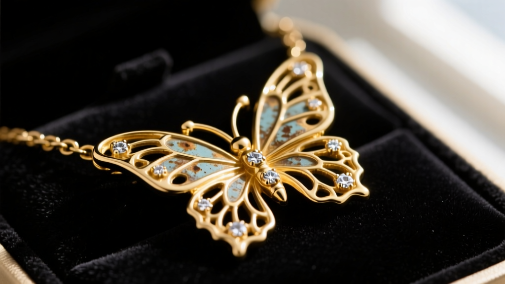 Close-up of a gold-tone Juicy Couture butterfly pendant on dark velvet, showing slight wing tarnish and missing gems.